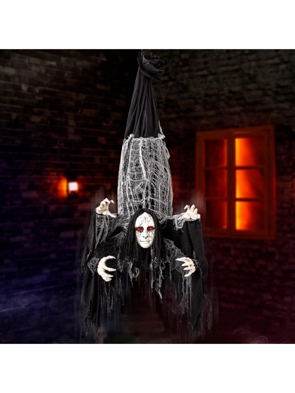 Spooky Hanging Ghost Animatronic with 4 Hands, Lighted Eyes & Creepy Sounds